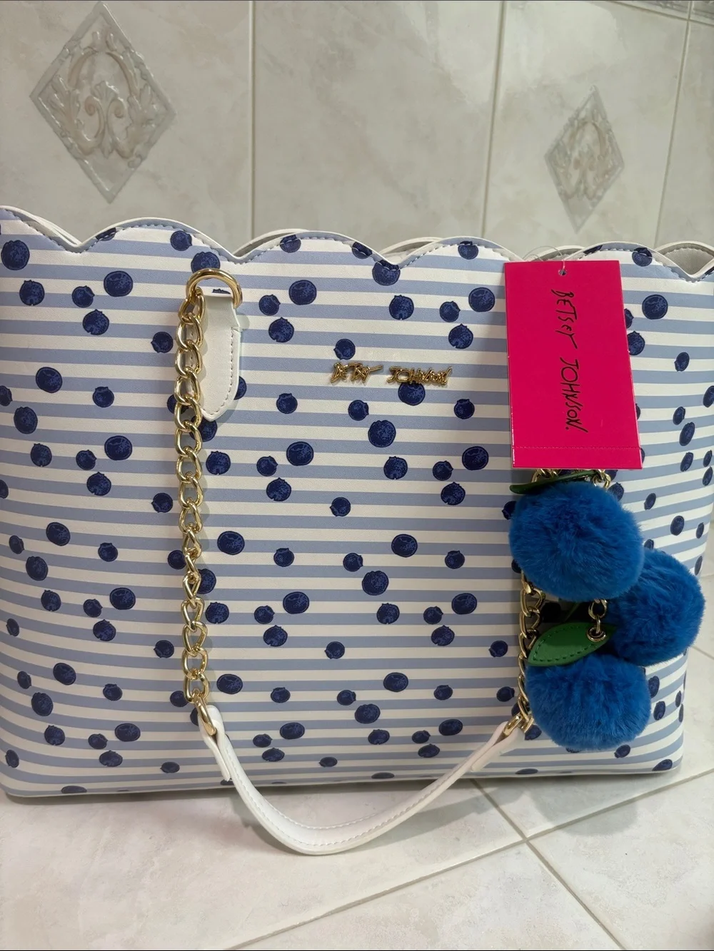 Betsey Johnson Striped Navy Blueberry Dot Tote Bag with Berry Pom Pom Charm